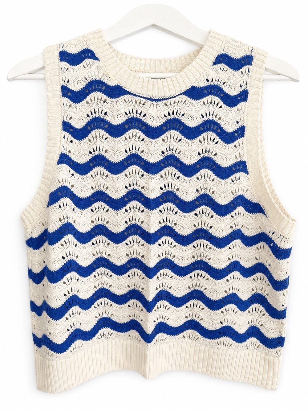 Blue & Cream Crochet Knit Sweater Vest Size Large